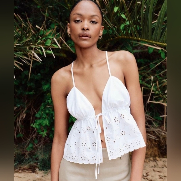 Zara Tops - Zara Eyelet Babydoll Tie Front Top White Size S